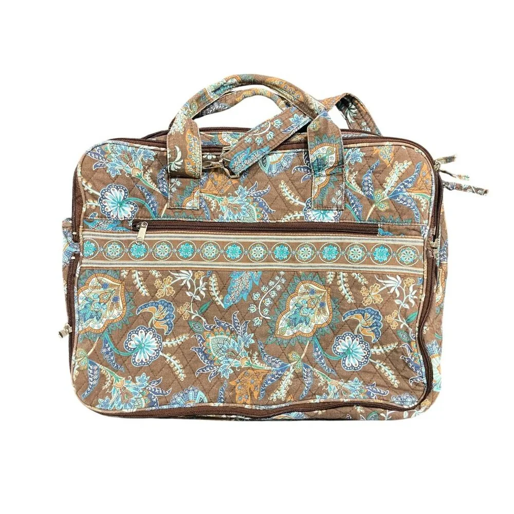 Vera Bradley Laptop Bag Paisley Quilted Travel Tote Brown & Blue With Adjustable